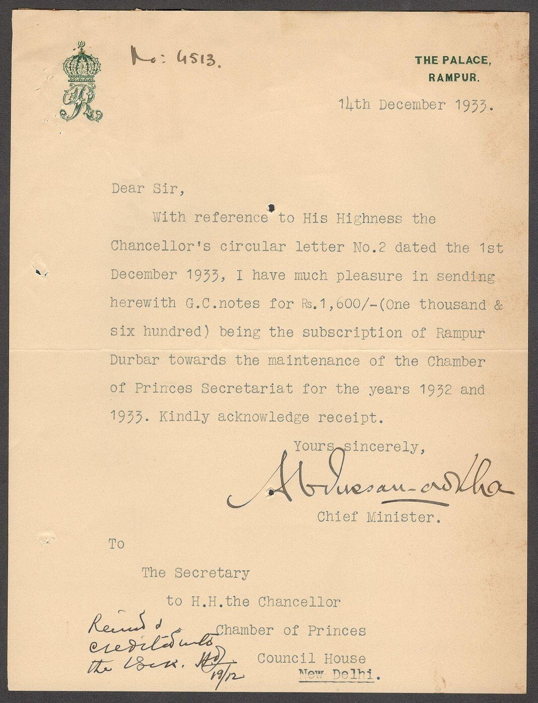 India 1933 crested letter THE PALACE RAMPUR signed Chief Minister