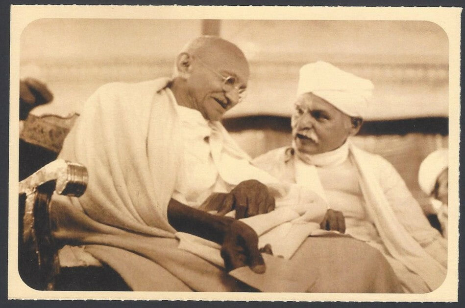 India full back pictorial 50p Gandhi postal card GANDHI AND PANDIT MADAN MOHAN 