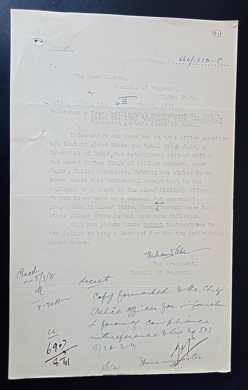 British India 1941 Enquiry into Communist posters in Alwar State
