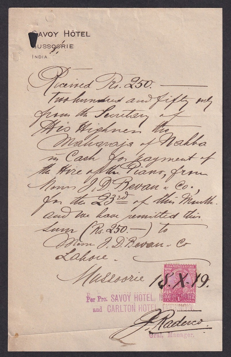 India 1919 Savoy Hotel, Mussorie receipt for 250R for rentin a piano to Maharaja