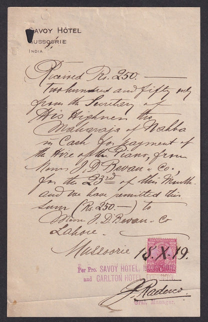 India 1919 Savoy Hotel, Mussorie receipt for 250R for rentin a piano to Maharaja