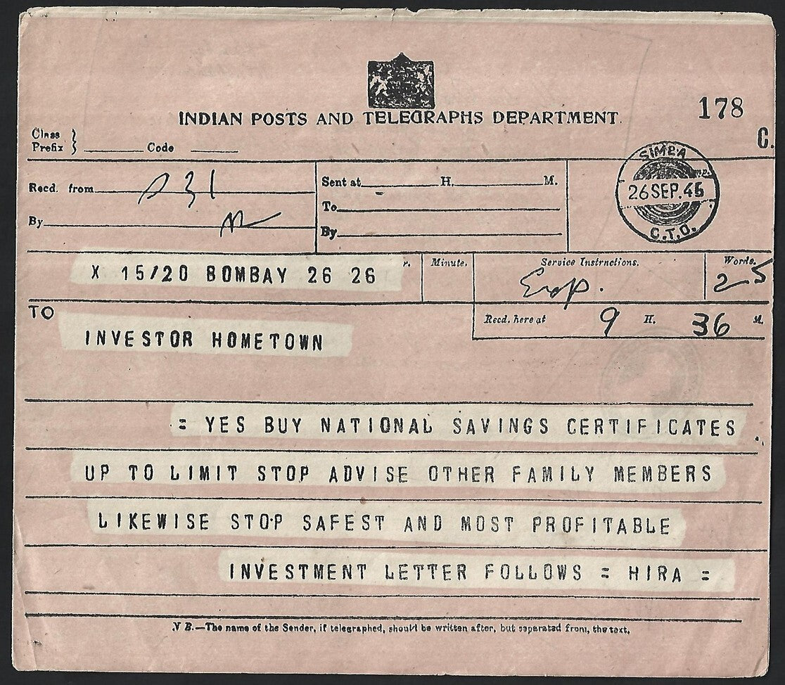 India 5 YEAR NATIONAL SAVINGS CERTIFICATE advertisement on facsimile telegram