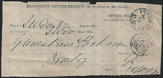 (AOP) India 1871 registered receipt canc. "INDORE" "183" duplex