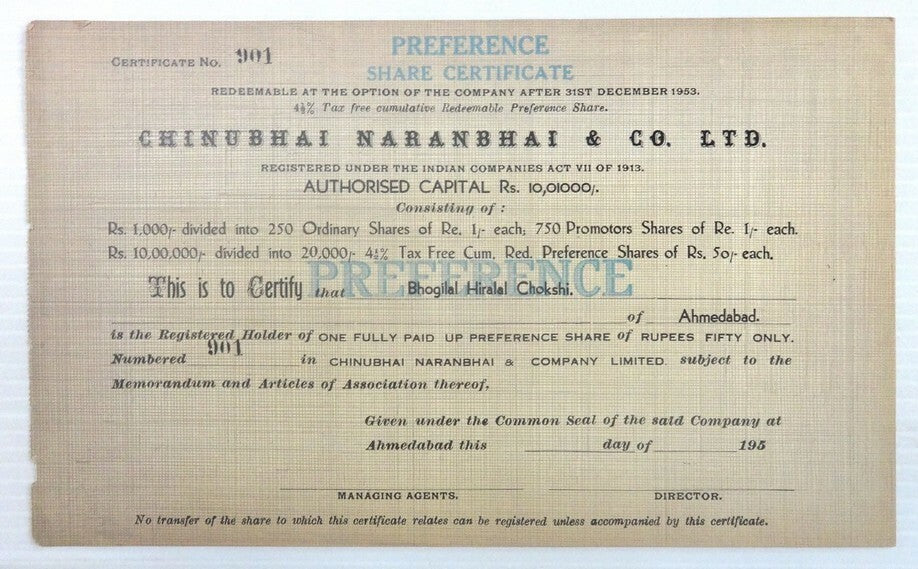 India Chinubhai Naranbhai preference share certificate UNUSED