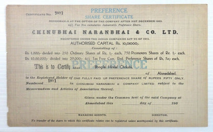 India Chinubhai Naranbhai preference share certificate UNUSED