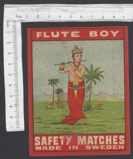 AOP India vintage packet size label Flute Boy (Krishna) Made in Sweden