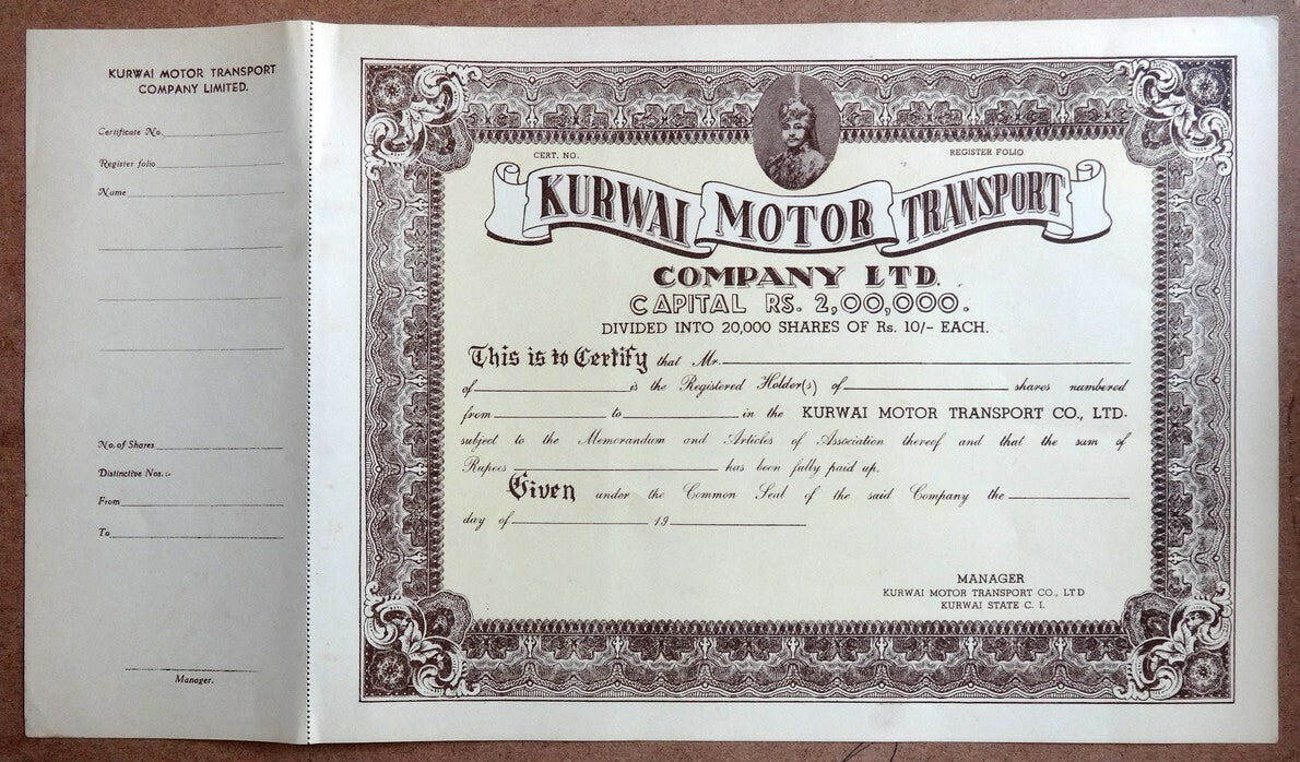 India 1930s KURWAI MOTORTRANSPORT COMPANY LTD. share cerificate