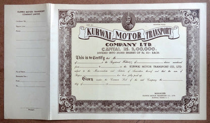 India 1930s KURWAI MOTORTRANSPORT COMPANY LTD. share cerificate