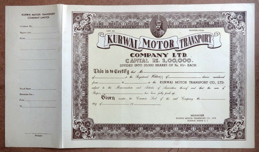India 1930s KURWAI MOTORTRANSPORT COMPANY LTD. share cerificate