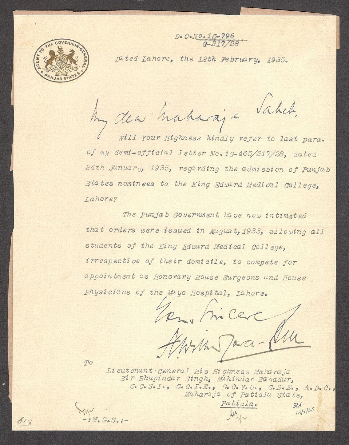India 1935 crested letter AGENT TO THE GOVERNOR GENERAL / PANJAB STATES Lahore