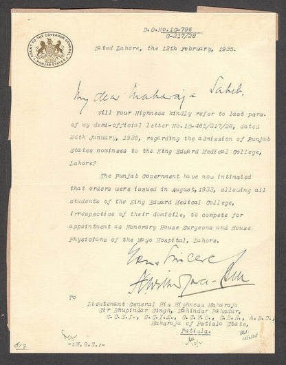 India 1935 crested letter AGENT TO THE GOVERNOR GENERAL / PANJAB STATES Lahore