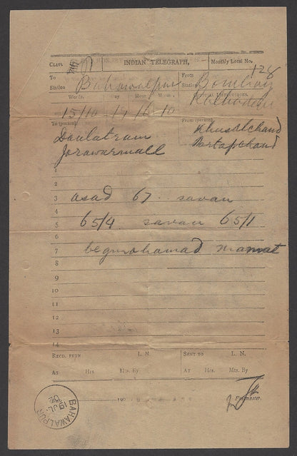 India 1902 telegram cancelled sc BAHAWALPUR + envelope