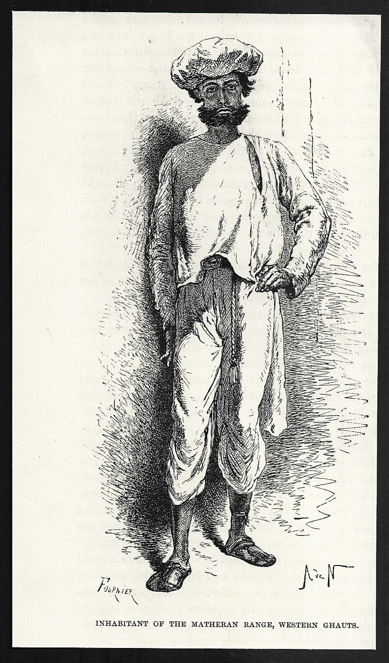 India INHABITANT OF WESTERN GHAUTS engraved print ex libris Rousslet 1876 4x6.5"