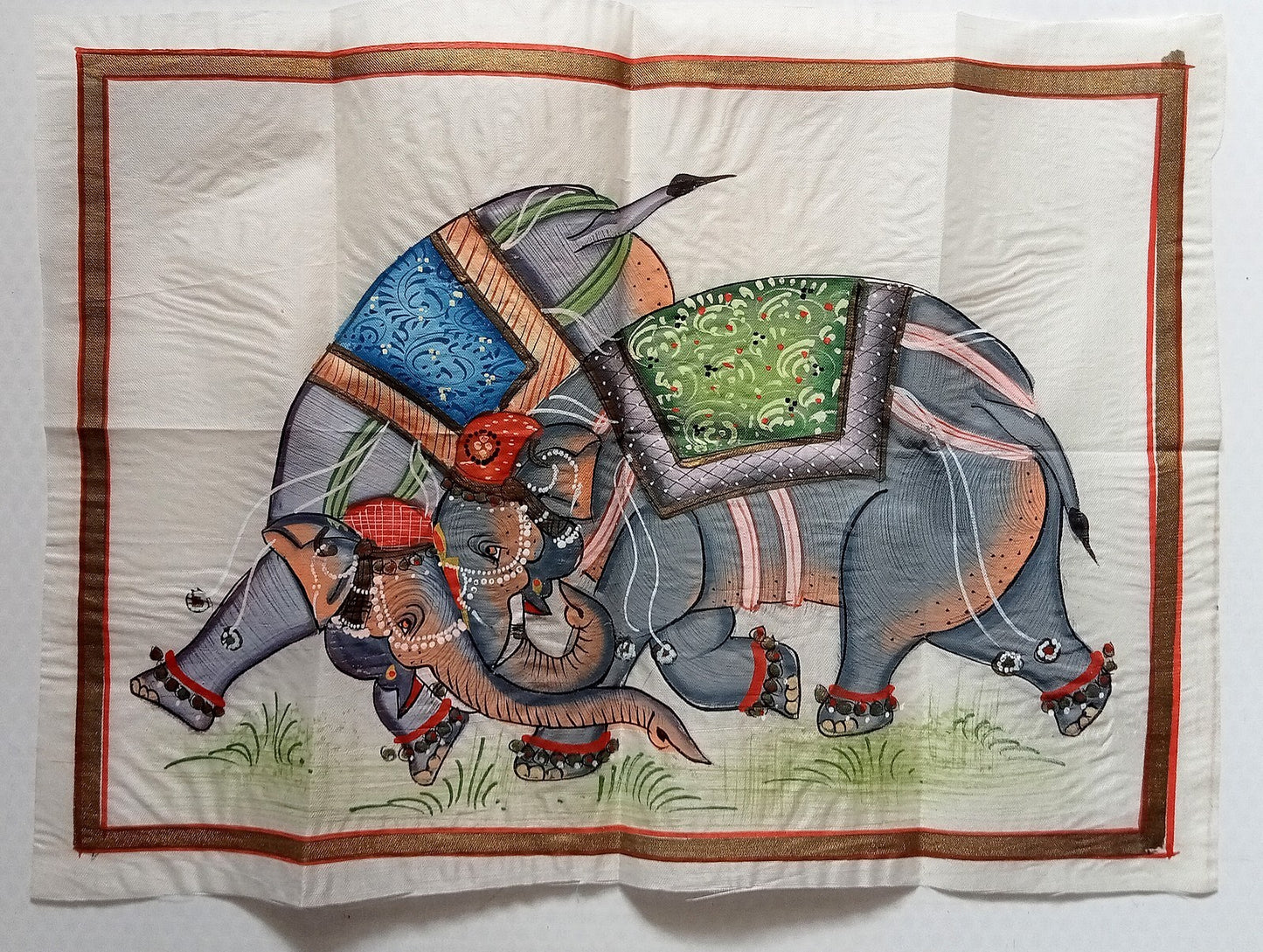 India vintage hand painting on cloth ELEPHANT FIGHT 9 x 13 inches
