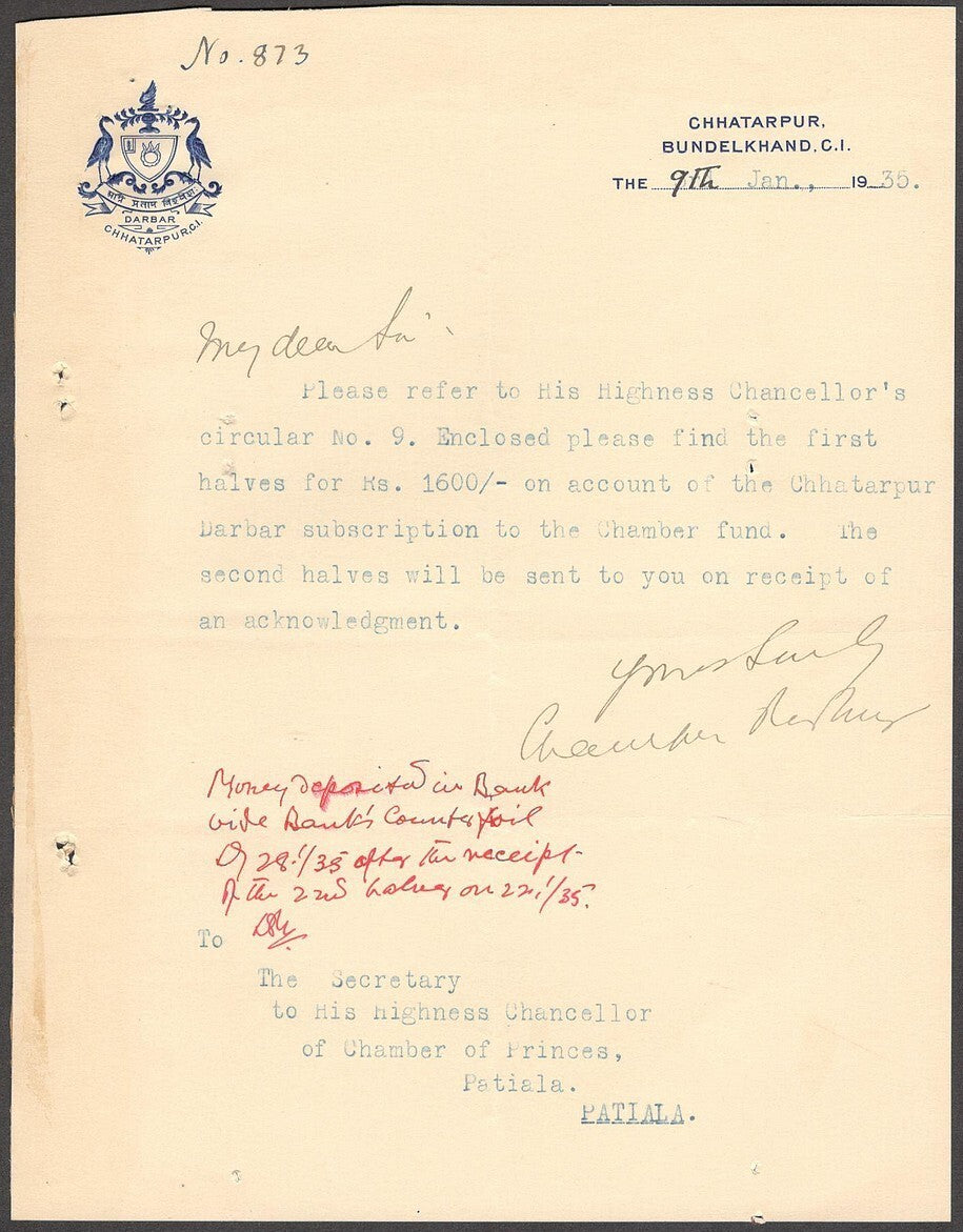 India 1935 crested letter DARBAR CHHATARPUR STATE