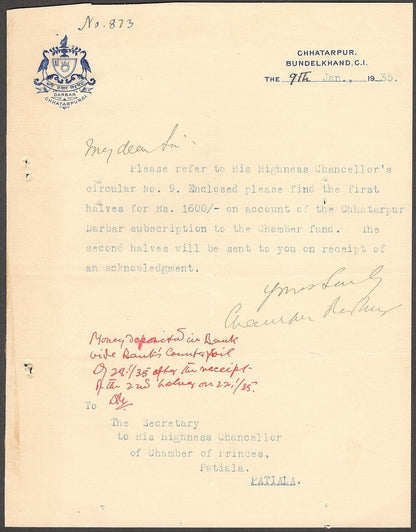 India 1935 crested letter DARBAR CHHATARPUR STATE