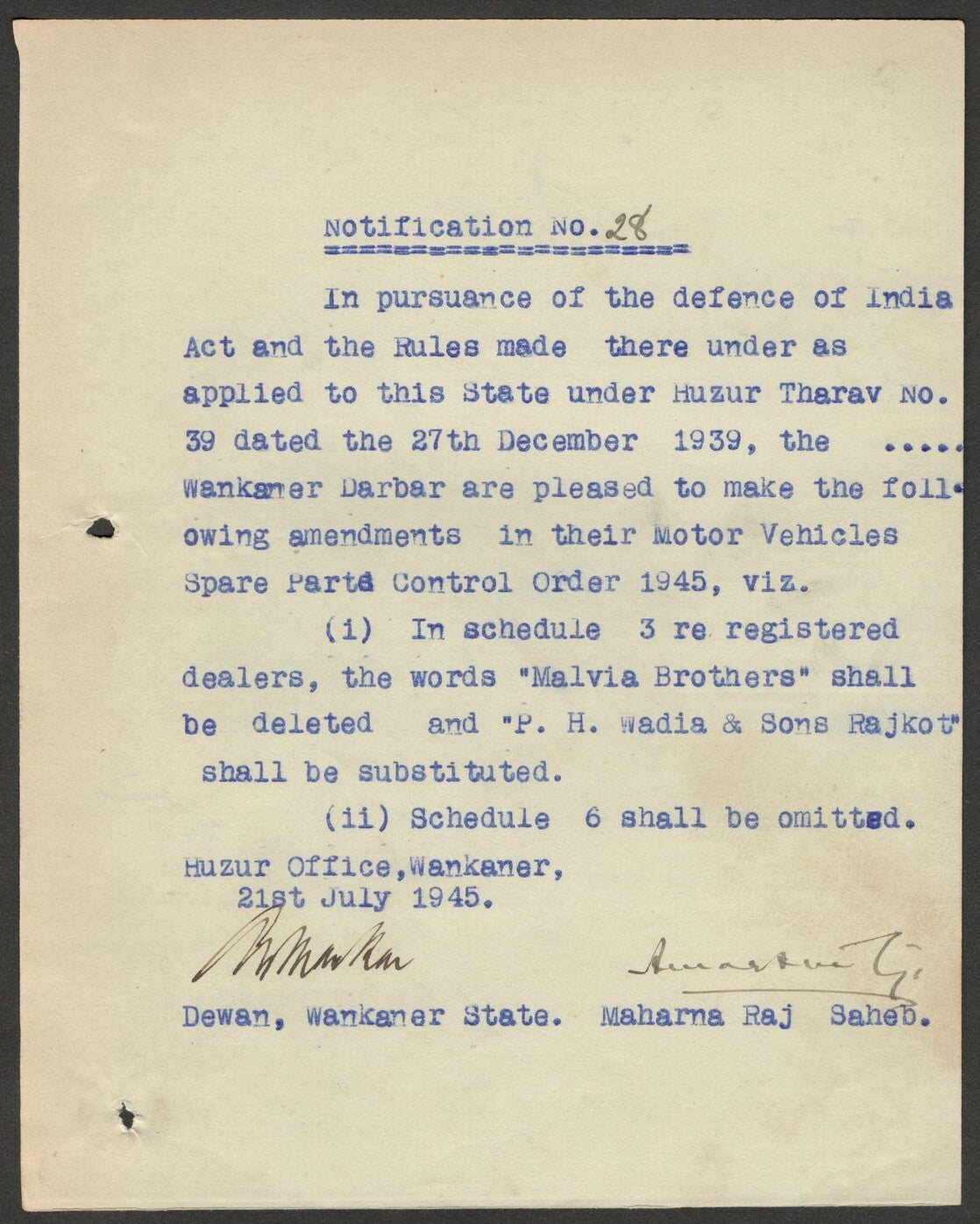 India 1945 MOTOR VEHICLES SPARE PARTS ORDER signed Amar Singh MAHARAJA WANKANER