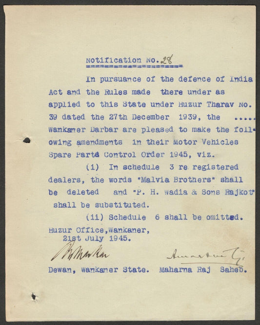 India 1945 MOTOR VEHICLES SPARE PARTS ORDER signed Amar Singh MAHARAJA WANKANER