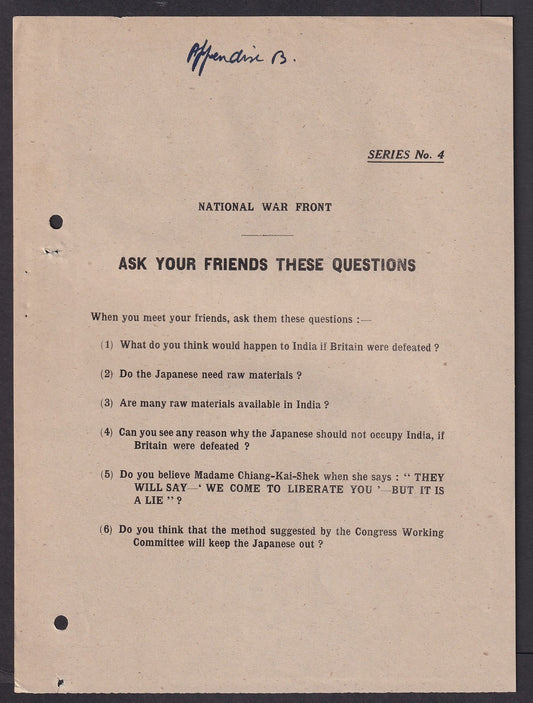 India World War 2 National War Front ANTI JAPAN propaganda sheet