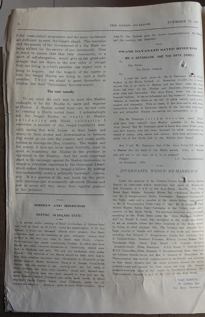 The Hindu Outlook weekly newpaper of the Hindu Mahasabha 1937 India 16pgs