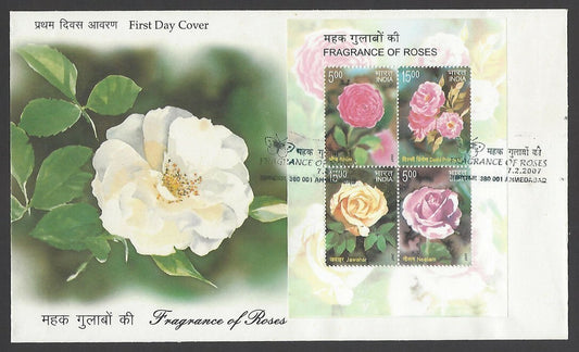 India 2007 Roses MS miniature sheet on FDC zmk