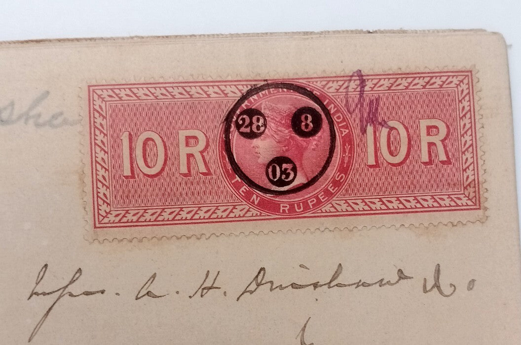 AOP India QV Queen Victoria 1868 Special Adhesive 10R on 1903 indenture 7 pgs