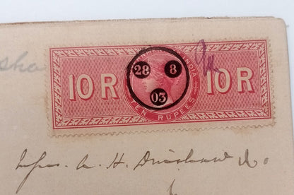 AOP India QV Queen Victoria 1868 Special Adhesive 10R on 1903 indenture 7 pgs