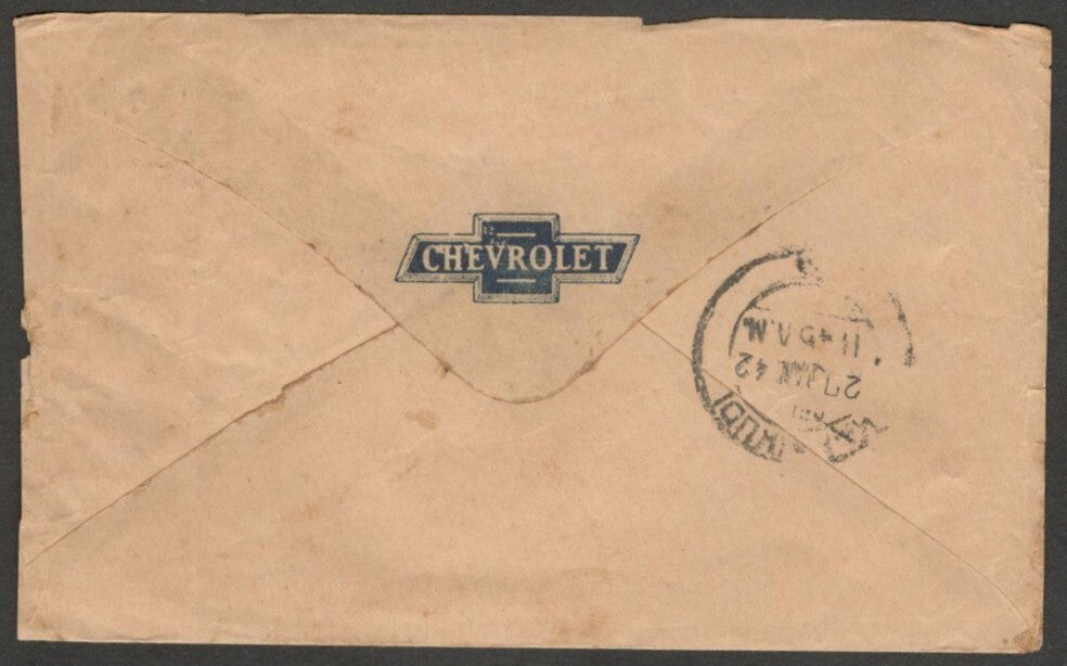(AOP) India CHEVROLET logo on 1942 automobile dealer's cover