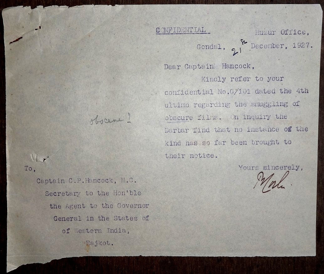 India 1927 confidential correspondence obscene movies smuggled into India States
