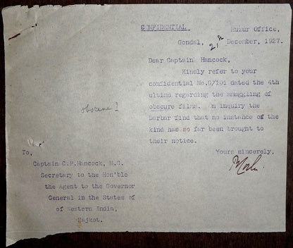 India 1927 confidential correspondence obscene movies smuggled into India States