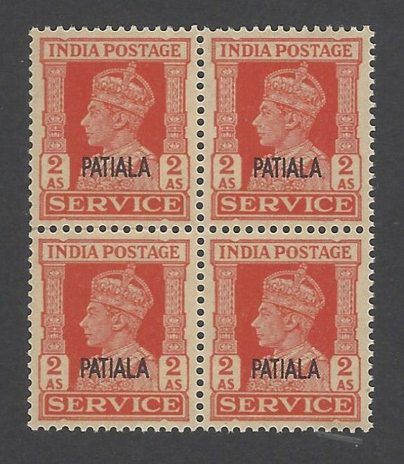AOP India Patiala State Official KGVI 1939-44 2a MNH block of 4 SG O78 £20