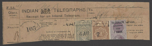 India 3 different provisional telegraph stamps on receipt