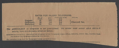 AOPIMT India 1907 telegraph receipt with KEdVII telegraph stamps 4a strip of 4