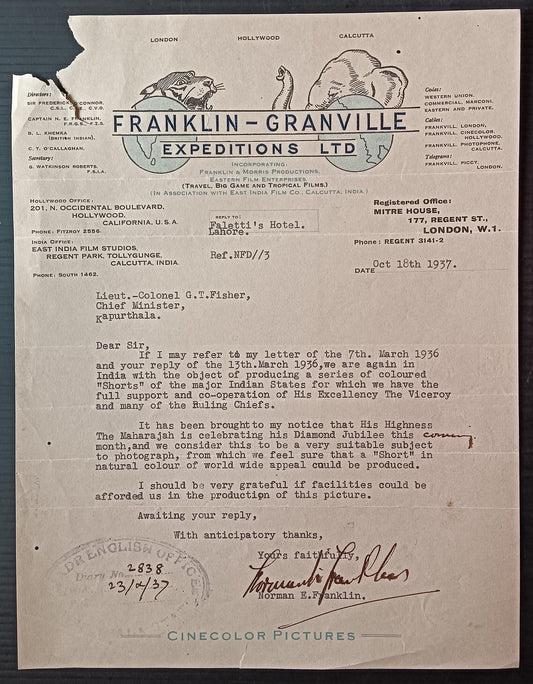 India 1937 pictorial letterhead FRANKLIN GRANVILLE EXPEDITIONS LTD.