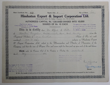 (AOP) India share certificate HINDUSTAN EXPORT & IMPORT CORPORATION LTD. 1946
