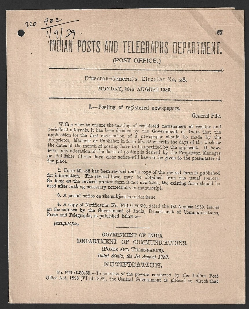 India 1939 POSTAL NOTICE - several topics Posting of Registered Newspapers
