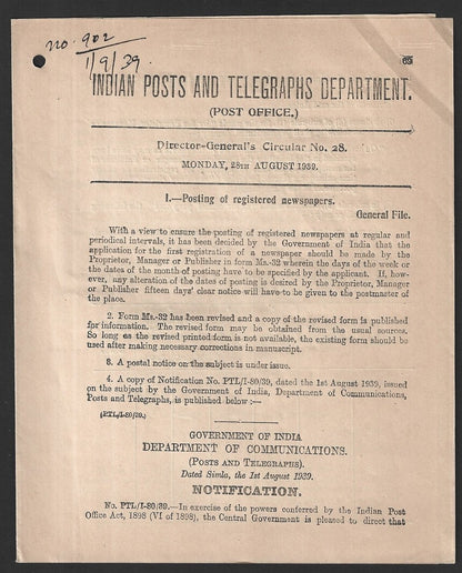 India 1939 POSTAL NOTICE - several topics Posting of Registered Newspapers