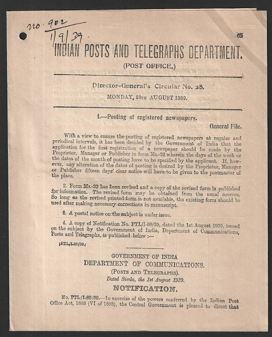 India 1939 POSTAL NOTICE - several topics Posting of Registered Newspapers