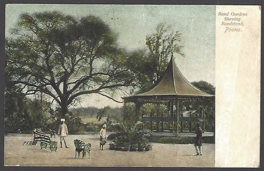 India Bund Gardens shewing Bandstand, POONA vintage colour litho postcard