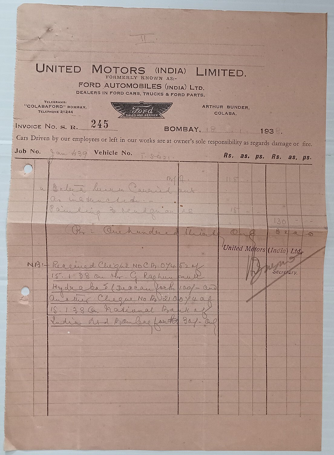 AOP India 1938 billhead FORD AUTOMOBILES (INDIA) LTD., Bombay