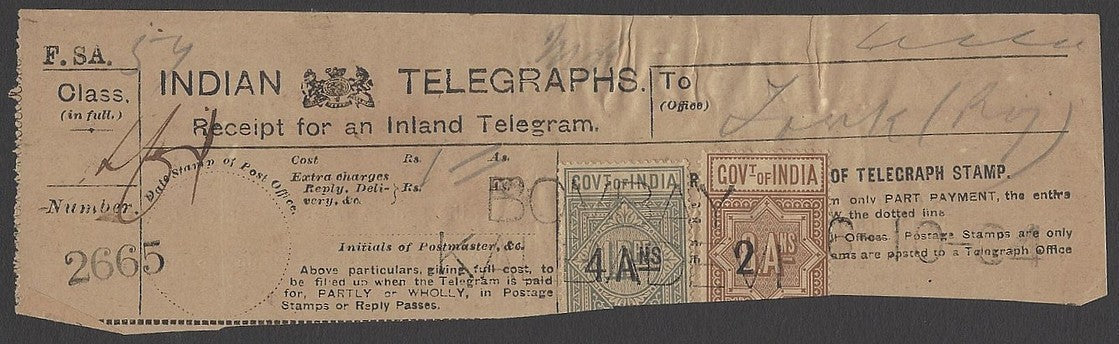 India 4as on 1R & 2as on 8as provisional telegraph stamps on receipt