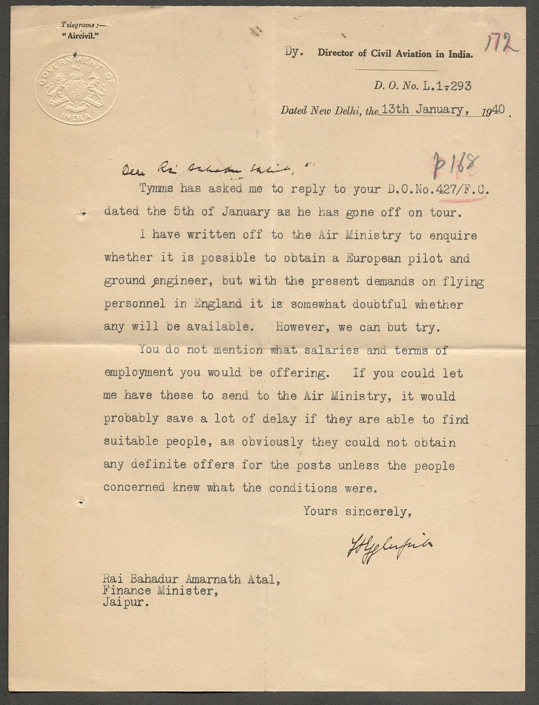 AOP India 1941 crested letterhead DIRECTOR CIVIL AVIATION IN INDIA