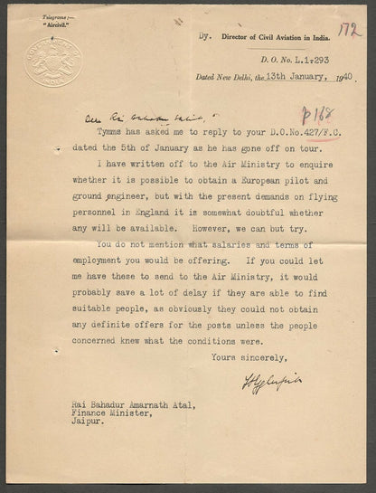 AOP India 1941 crested letterhead DIRECTOR CIVIL AVIATION IN INDIA