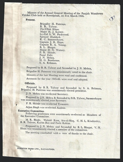 India - PUNJAB WANDERERS CRICKET CLUB 1946 AGM leaflet