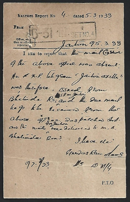 INDIAN POSTS & TELEGRAPHS DEPT. SERVICE CARD used 1935