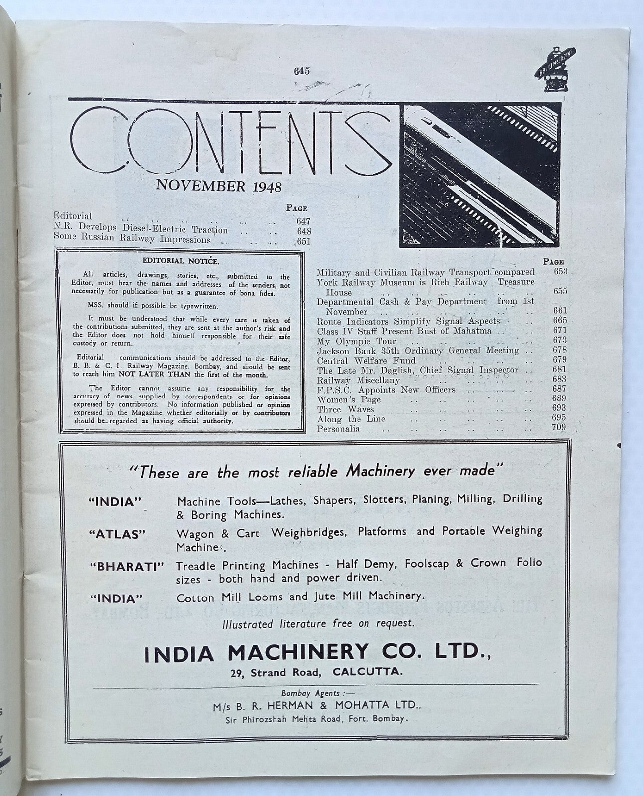 BB&CI RAILWAY MAGAZINE Nov 1948 issue - Bombay, Baroda & Central India Railway