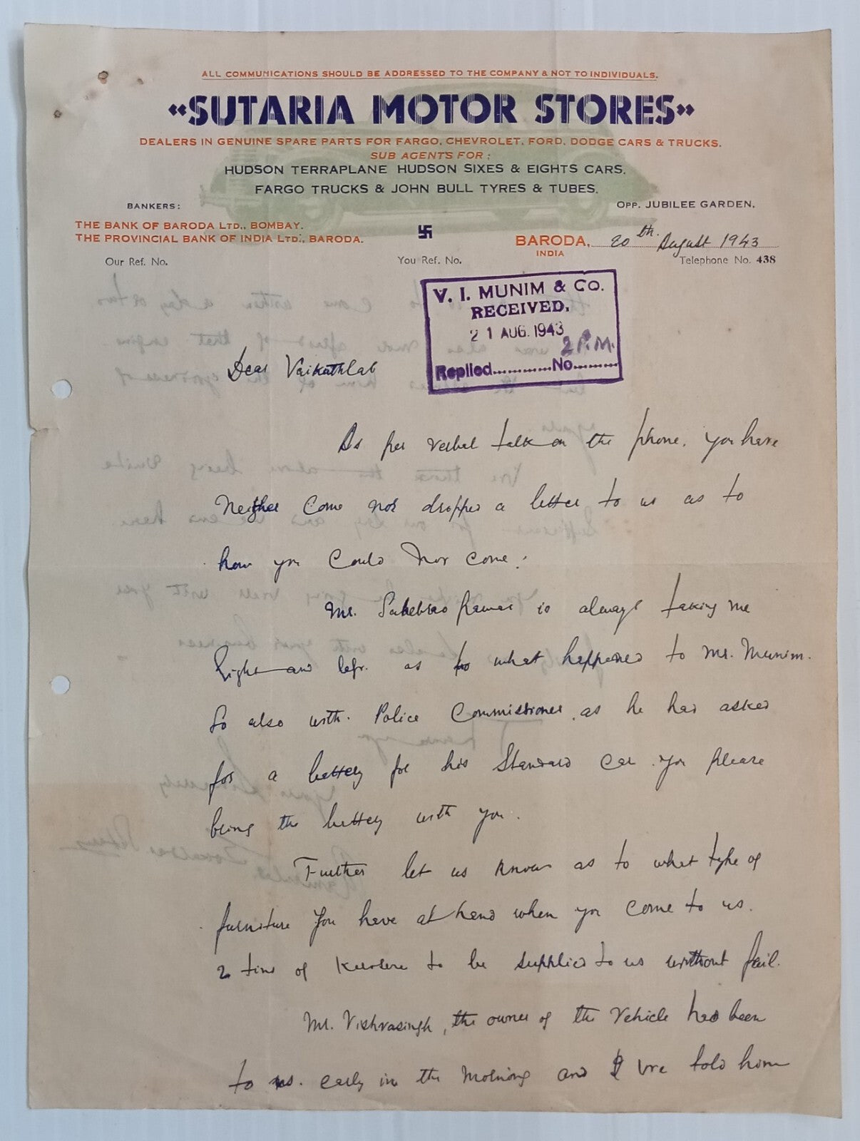 AOP India SUTARIA MOTOR STORES, Bombay letterhead used 1943