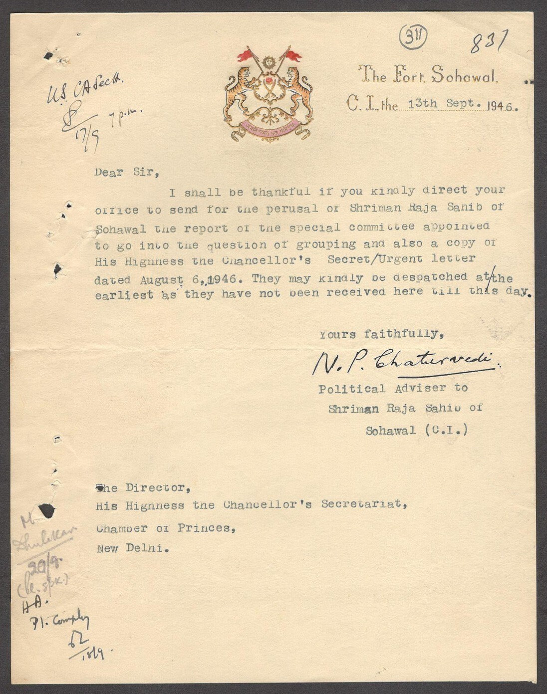 India 1946 crested letter SOHAWAL STATE