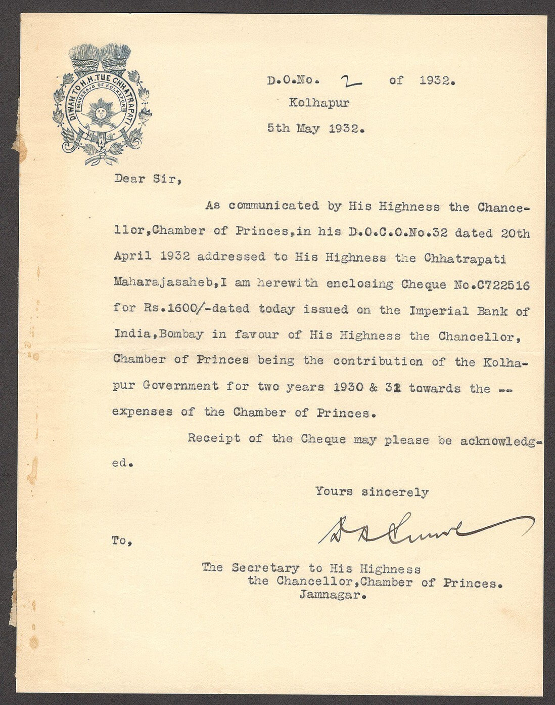 India 1932 crested letter DIWAN TO HH THE CHHATRAPATI MAHARAJA OF KOLHAPUR