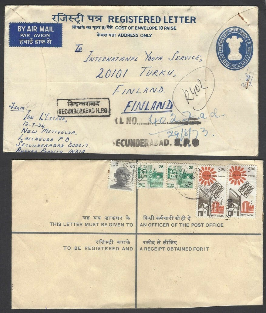 India 8 different registered envelope uprated & used to Finland (8)